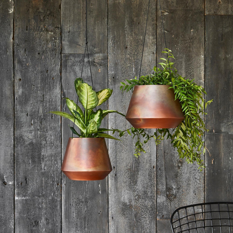 Indoor Soho Aged Copper Hanging Planter with Leather Strap - citiplants.com