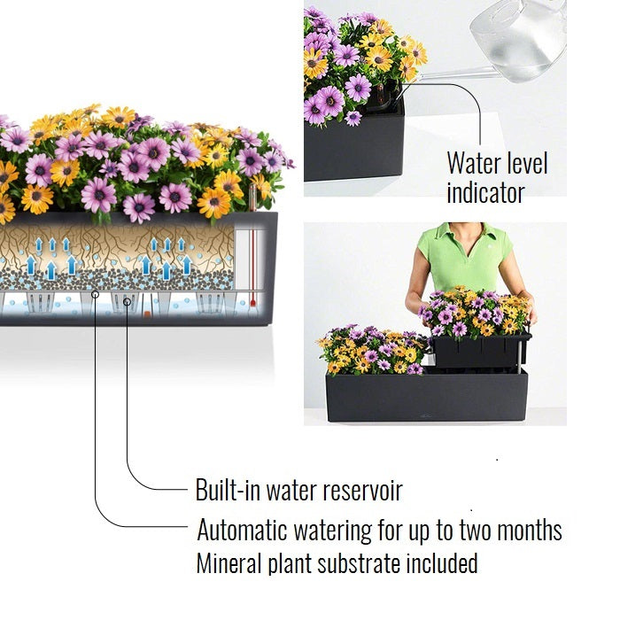 LECHUZA BALCONERA Stone Stone Grey Window Box Self-watering Planter with Substrate and Water Level Indicator - citiplants.com