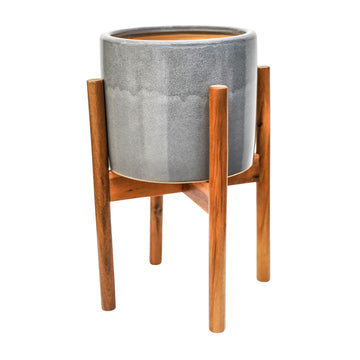 Anzio Warm Grey Planter with Wooden Stand - citiplants.com