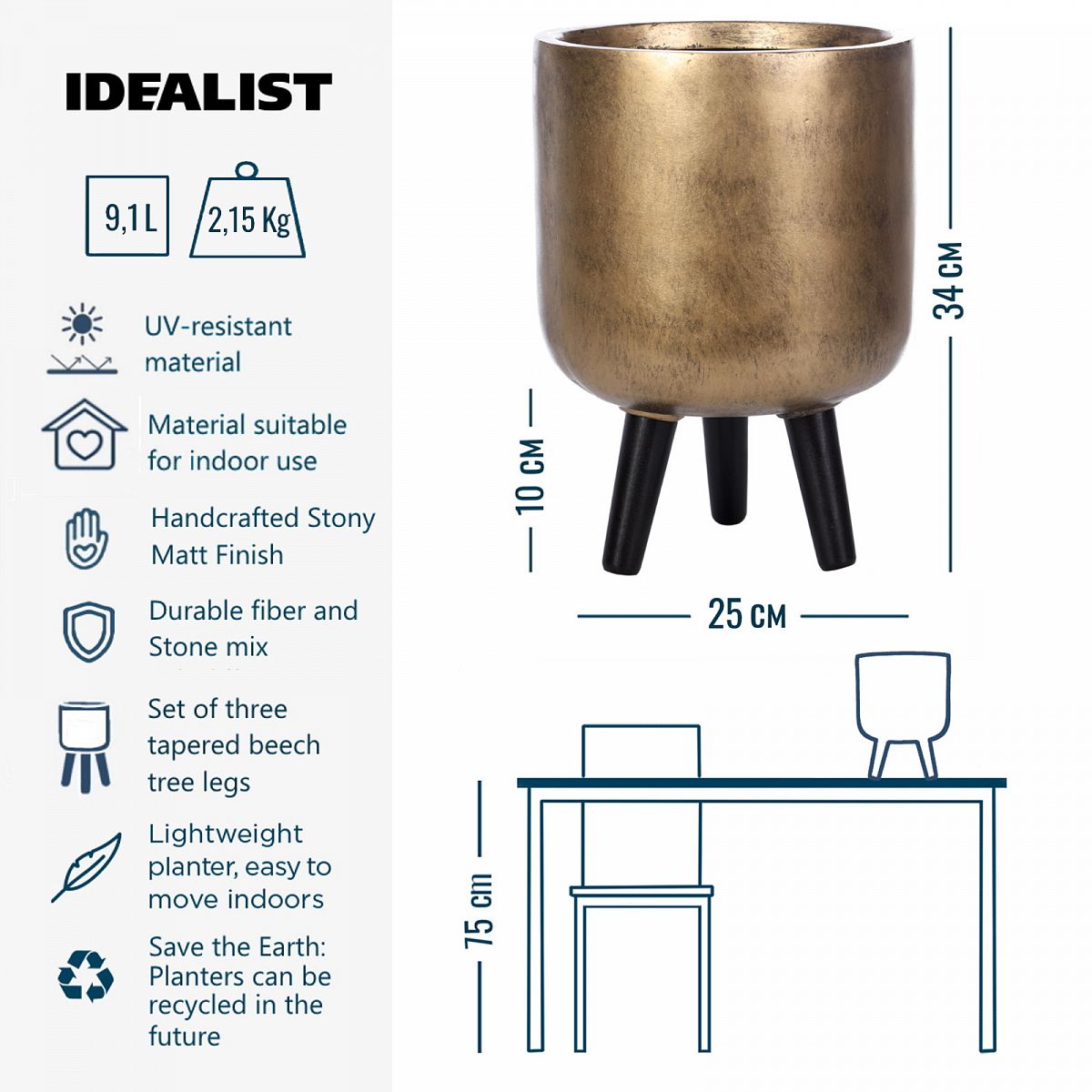 IDEALIST Lite Concrete Effect Round Planter on Legs, Round Pot Plant Stand Indoor