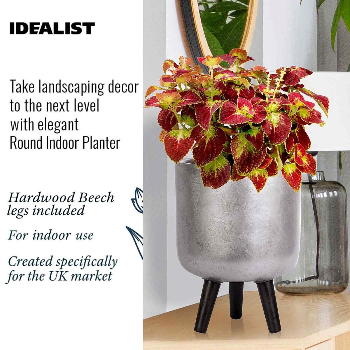 IDEALIST Lite Concrete Effect Round Planter on Legs, Round Pot Plant Stand Indoor