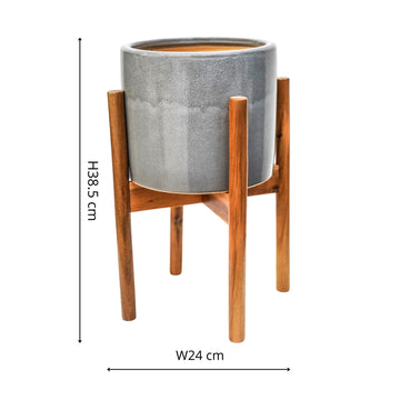 Anzio Warm Grey Planter with Wooden Stand - citiplants.com