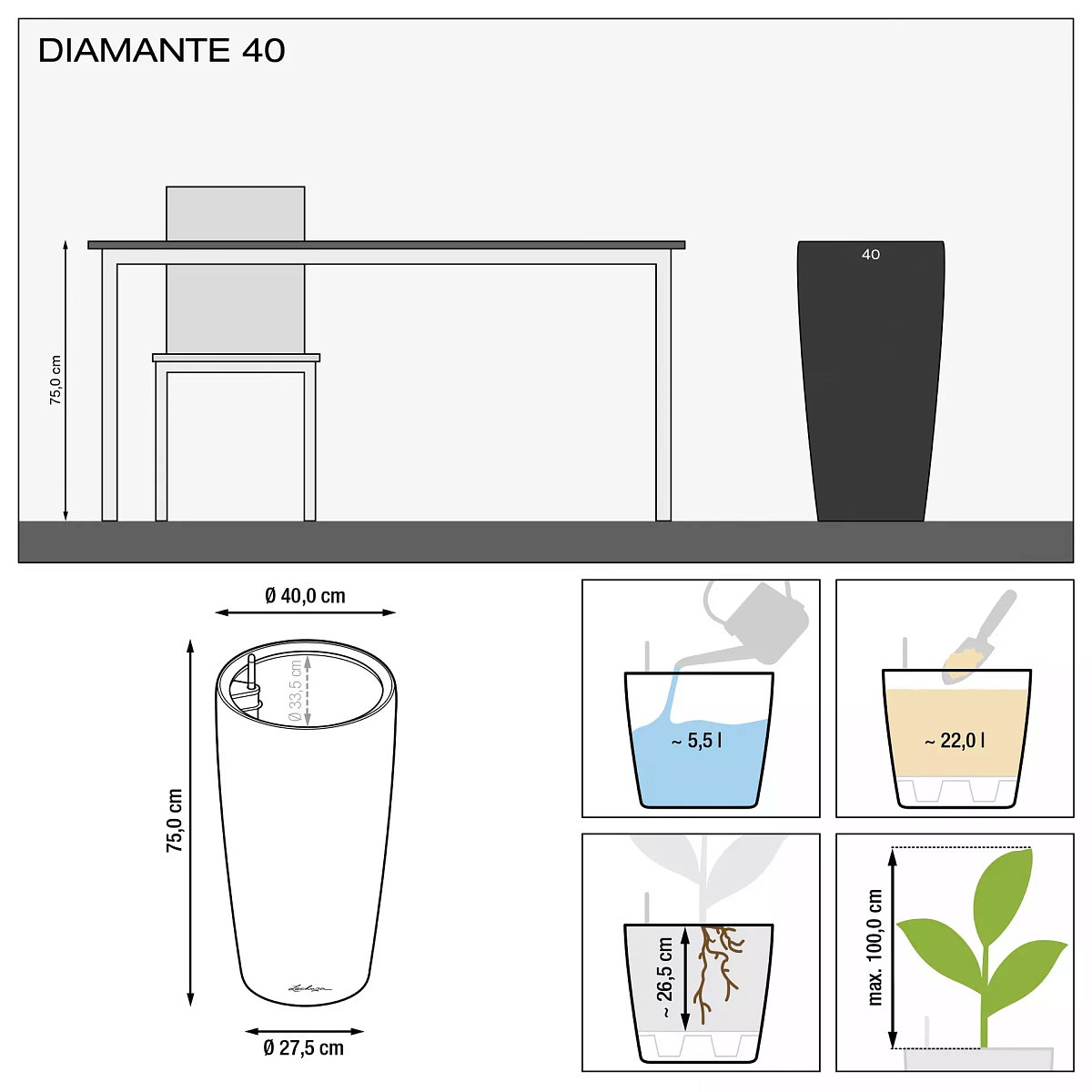 LECHUZA DIAMANTE Premium Poly Resin Floor Self-watering Planter with Substrate and Water Level Indicator - citiplants.com