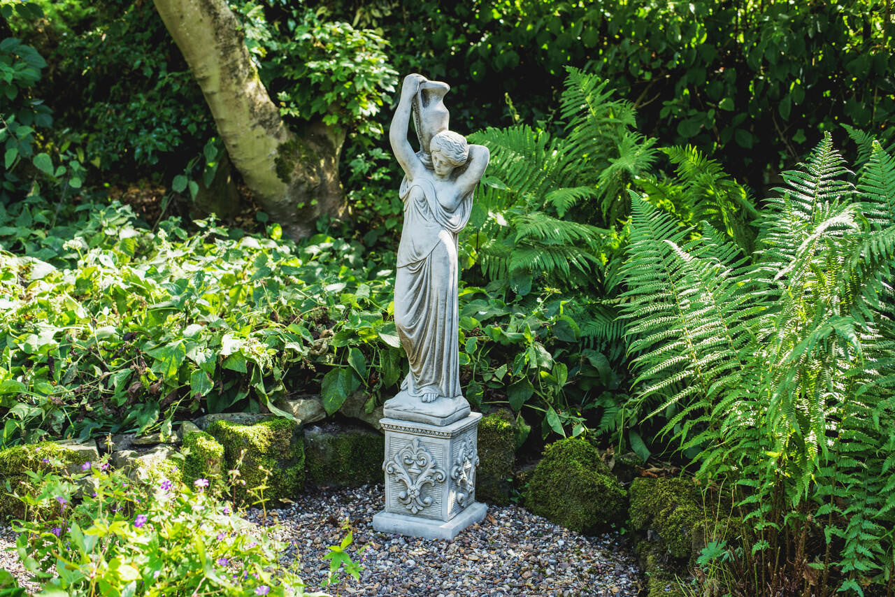 Classic Stone Cast Girl statue with an Urn and Decorative Square Plinth - citiplants.com