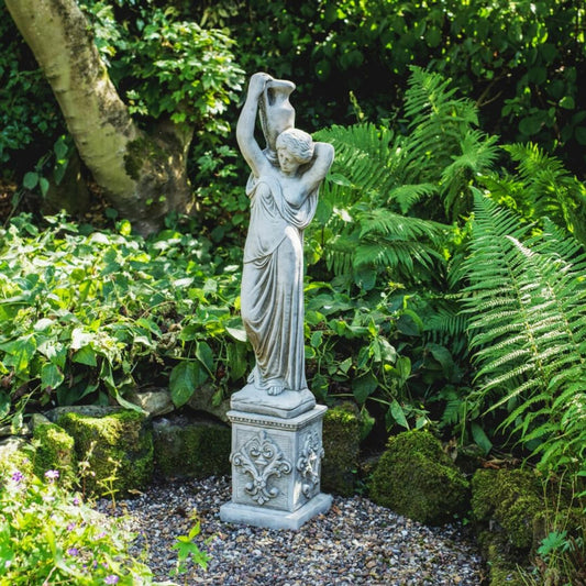 Classic Stone Cast Girl statue with an Urn and Decorative Square Plinth - citiplants.com