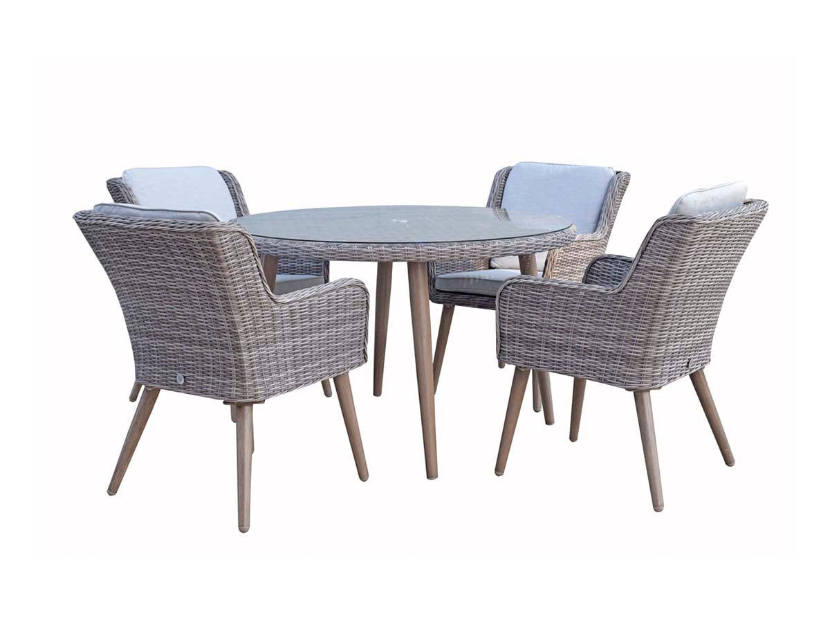 Round Fine Grey Wicker Dining Table with Retro Legs and Four Chairs - citiplants.com