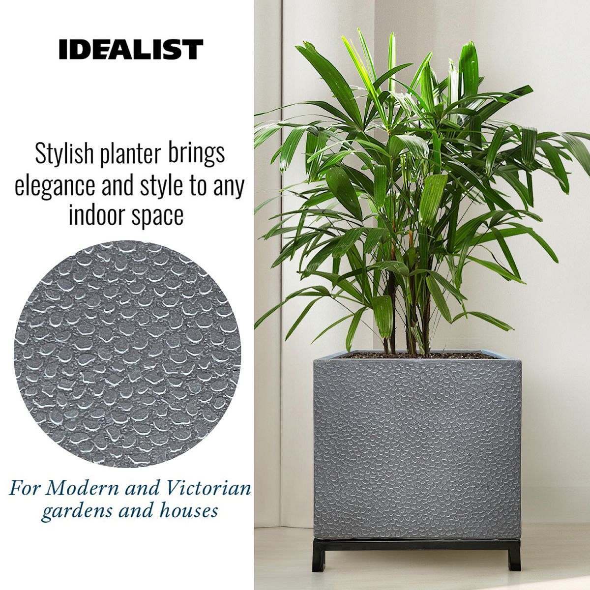 IDEALIST Lite Hammered Stone Style Square Indoor Planter on Metal Stand