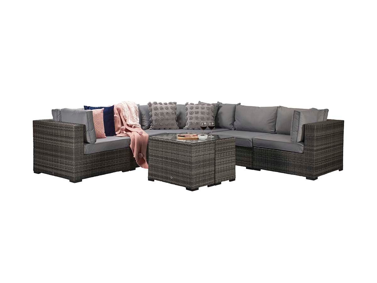 Jessica Corner Sofa Set with Poof and End Tables in Mixed Grey - citiplants.com