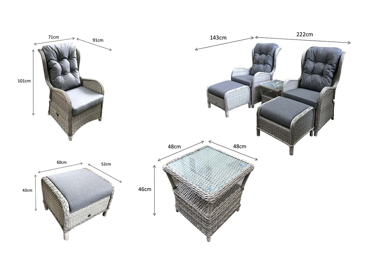 Five-Piece Reclining Lounge Set in Creamy Grey Wicker - citiplants.com