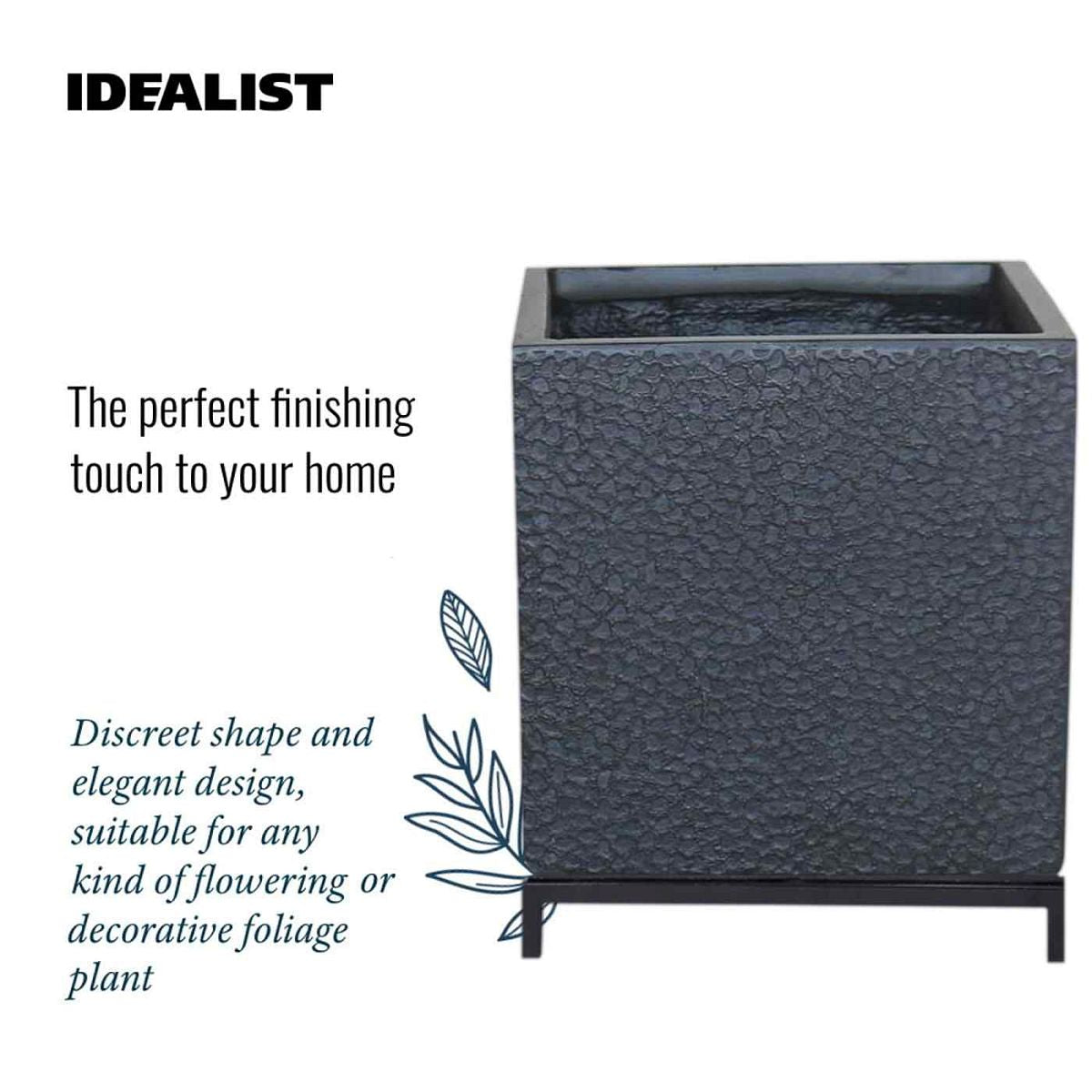 IDEALIST Lite Hammered Stone Style Square Indoor Planter on Metal Stand