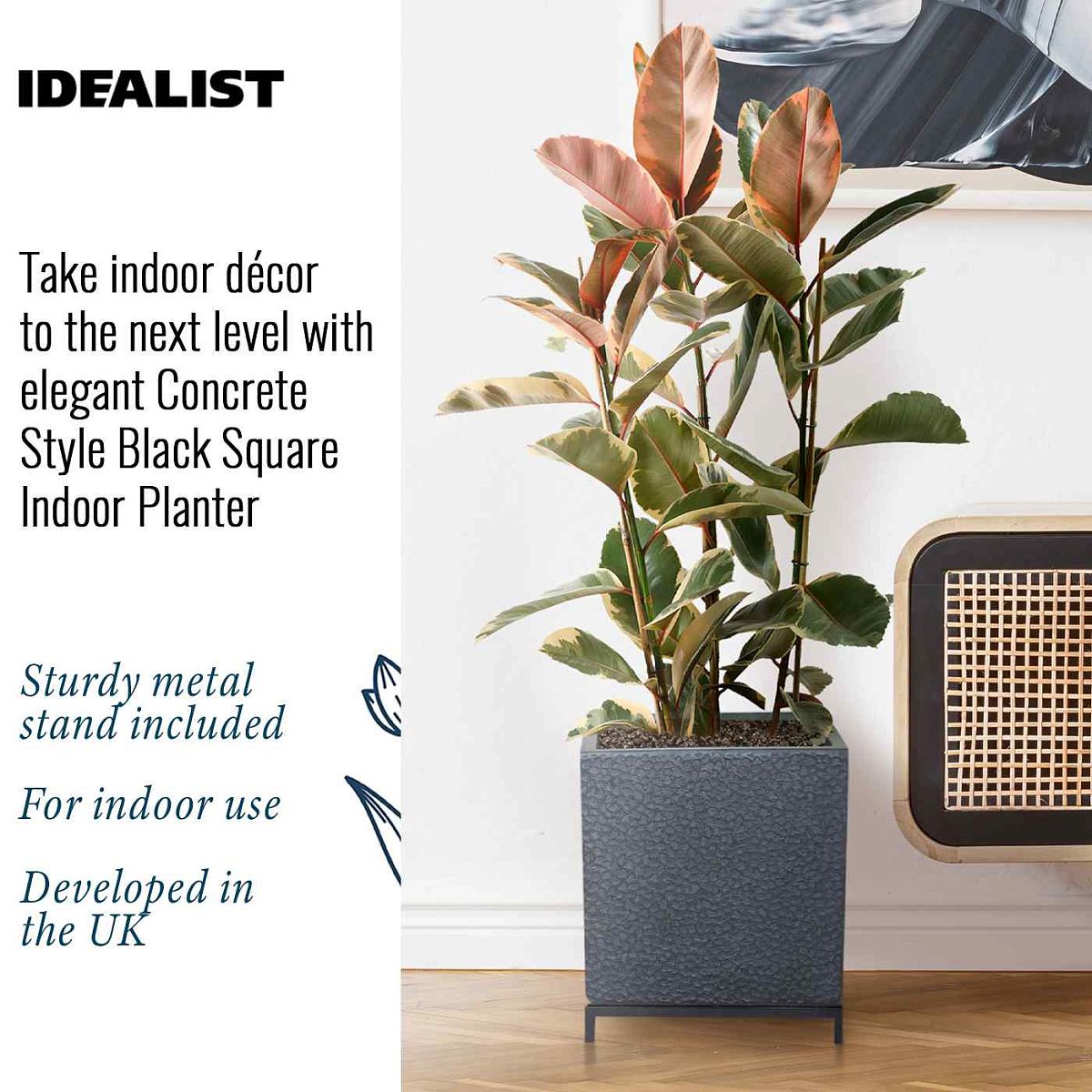 IDEALIST Lite Hammered Stone Style Square Indoor Planter on Metal Stand