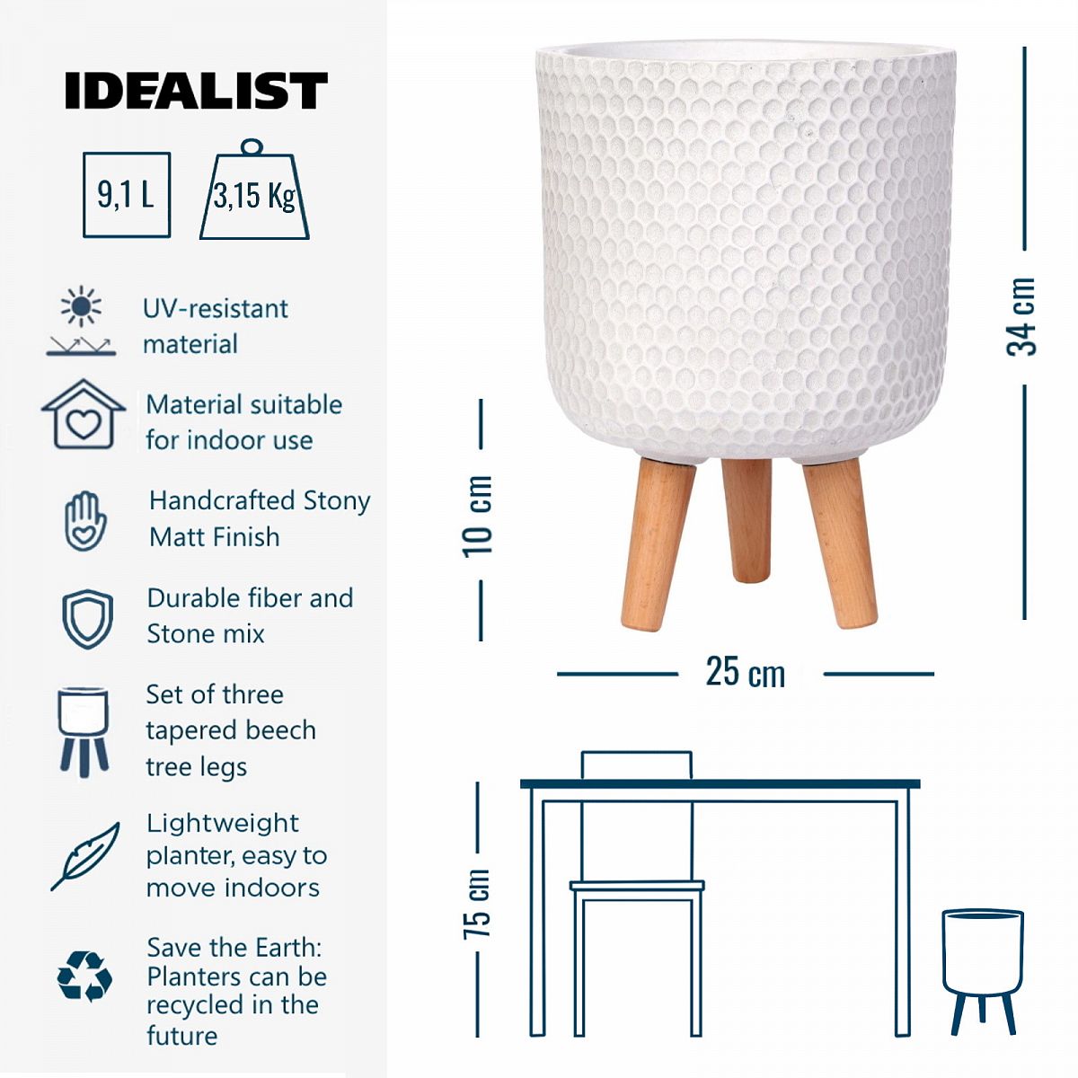 IDEALIST Lite Honeycomb Style Cylinder Planter on Legs