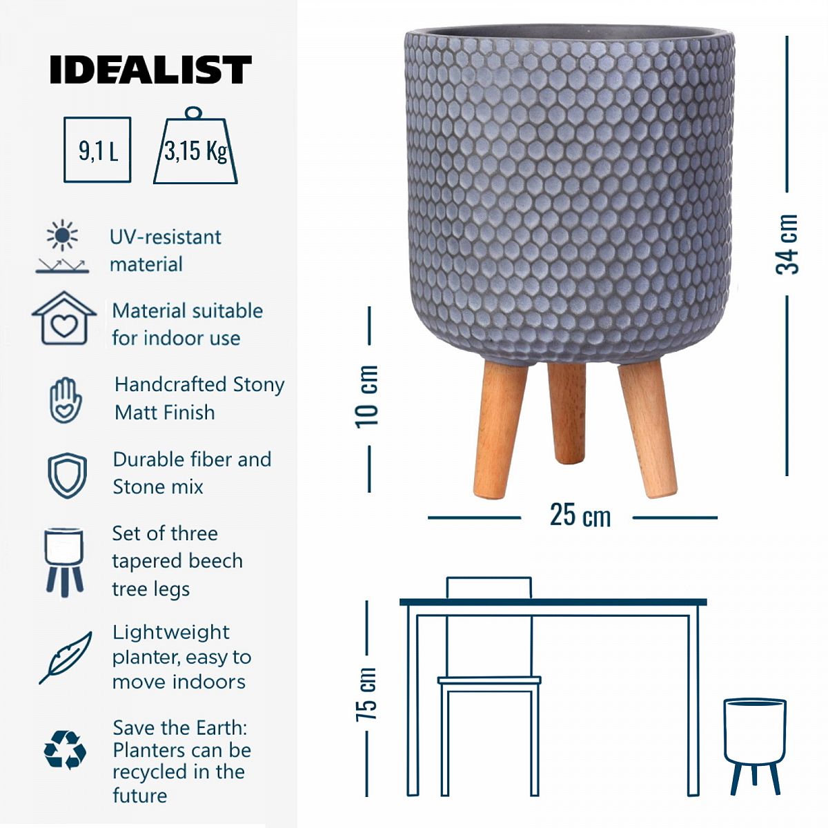 IDEALIST Lite Honeycomb Style Cylinder Planter on Legs