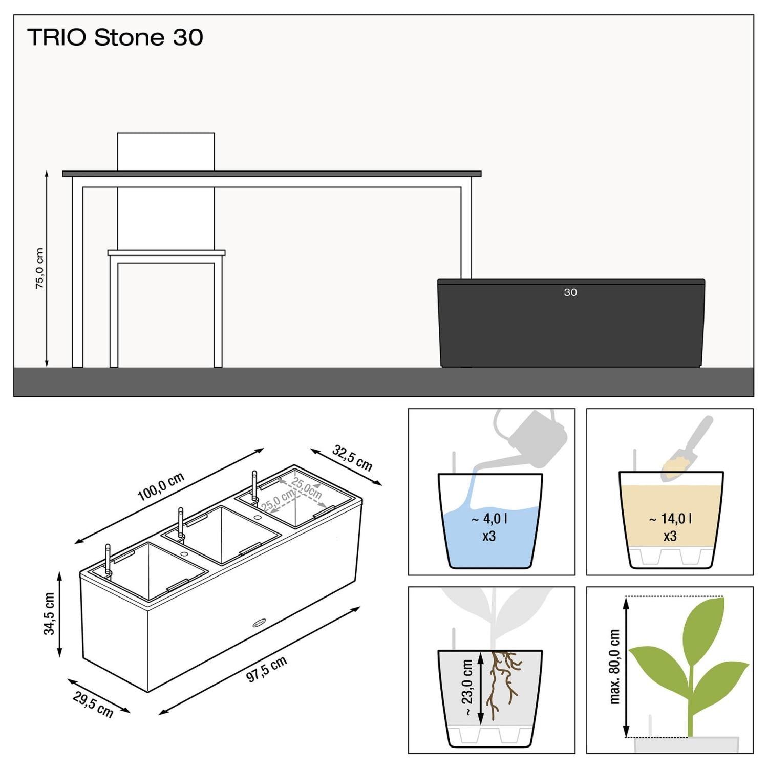 LECHUZA CANTO Stone 80 Wide Graphite Black Poly Resin Floor Self-watering Planter with Substrate and Water Level Indicator H80 L80 W40 cm, 49.5L - citiplants.com