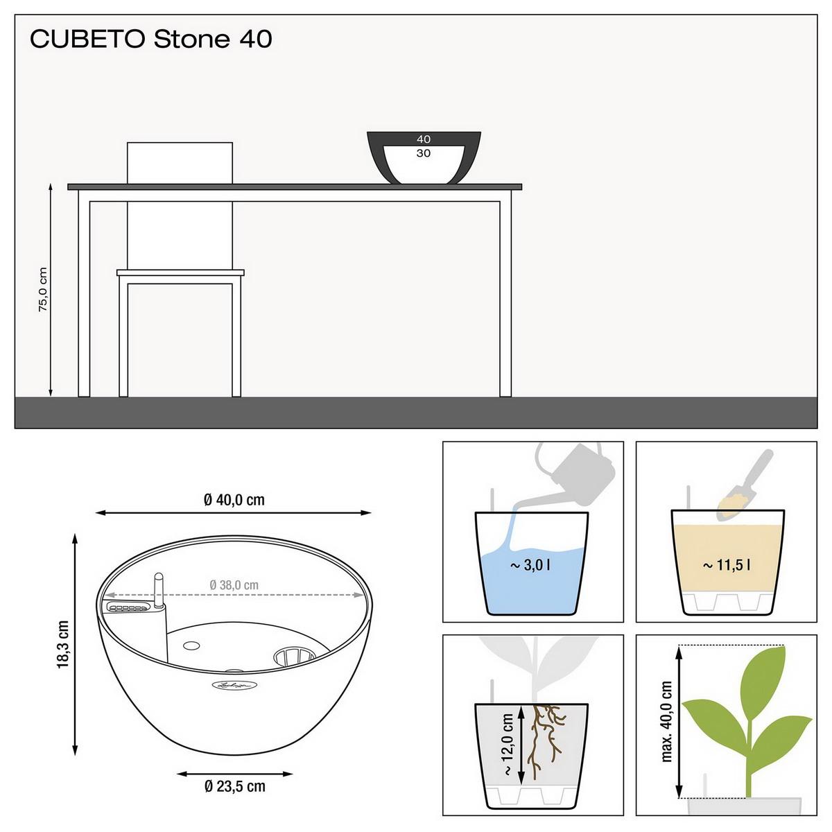 LECHUZA CUBETO Stone 30 Quartz White Poly Resin Table Self-watering Planter with Substrate and Water Level Indicator D30 H13 cm, 4.5L - citiplants.com