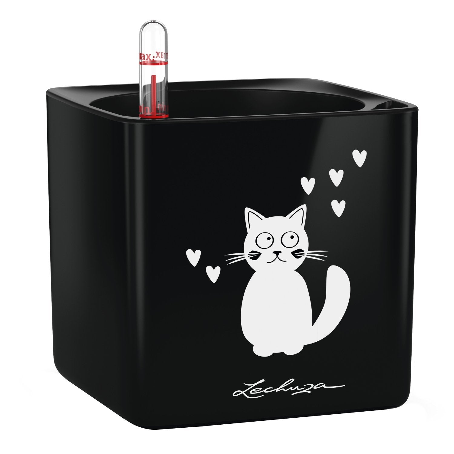 LECHUZA CUBE Glossy Cat 14 Black Highgloss Poly Resin Table Self-watering Planter with Water Level Indicator H14 L14 W14 cm, 1.4L - citiplants.com