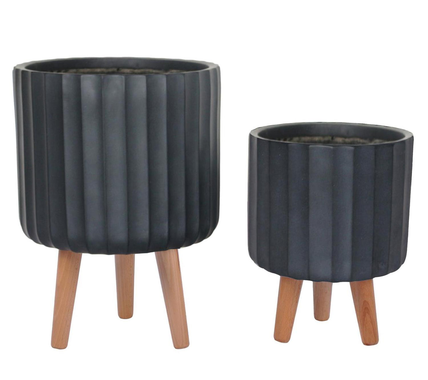 Modern Ribbed Black Cylinder Round Indoor Planter on Legs by Idealist Lite D24 H32 cm, 7.6L - citiplants.com