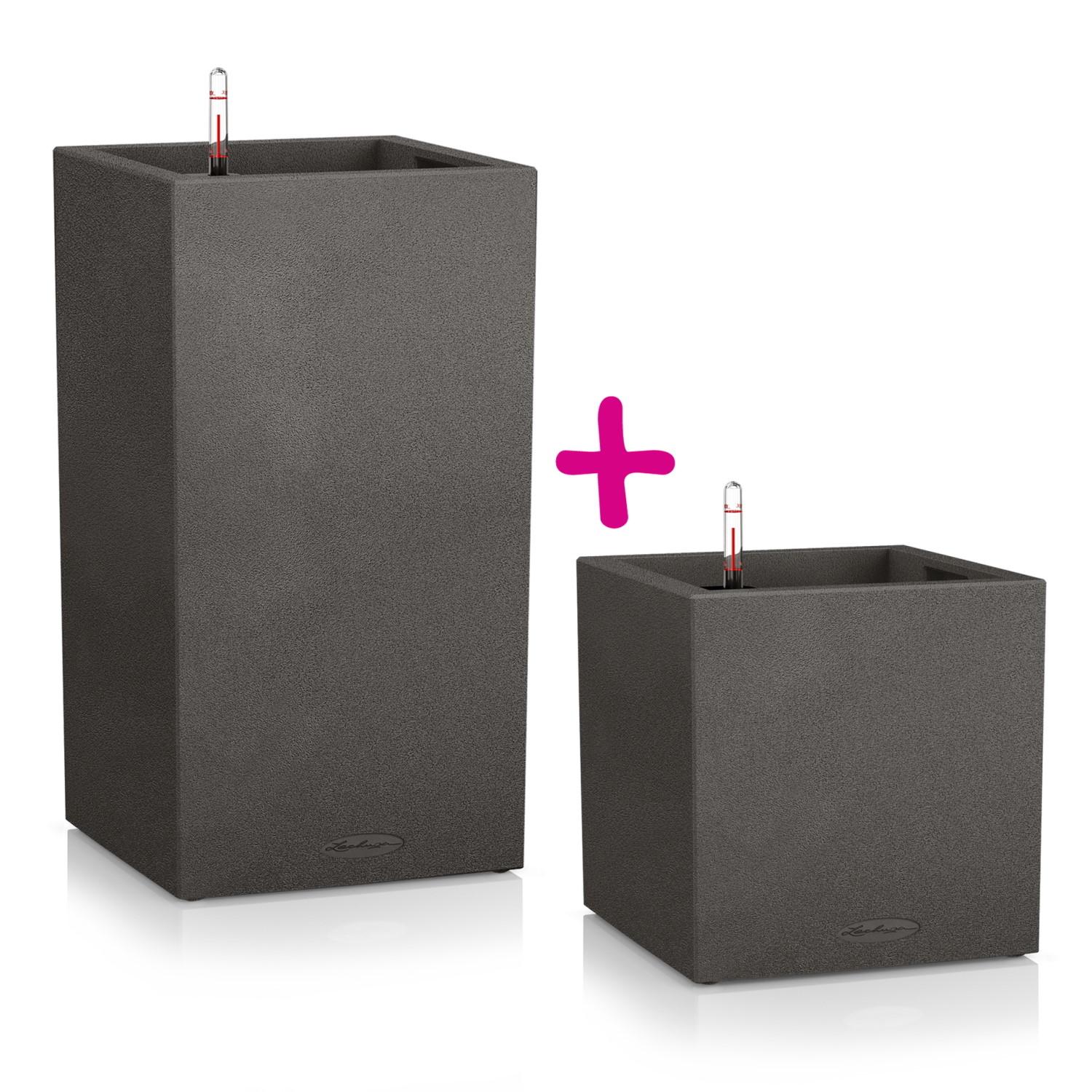 Set of two LECHUZA CANTO Stone Graphite Black Low and High Self Watering Planters: L30 W30 H30 cm, 12 litres Cap + L30 W30 H56 cm, 29 litres Cap - citiplants.com
