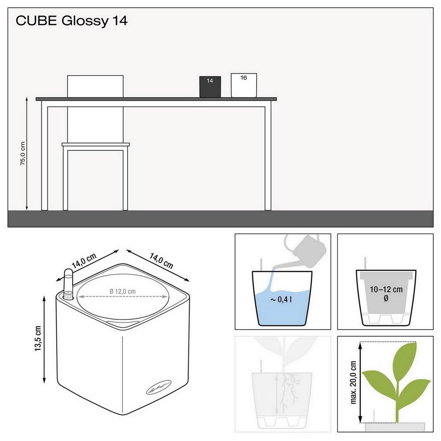 LECHUZA CUBE Glossy Cat 14 Black Highgloss Poly Resin Table Self-watering Planter with Water Level Indicator H14 L14 W14 cm, 1.4L - citiplants.com