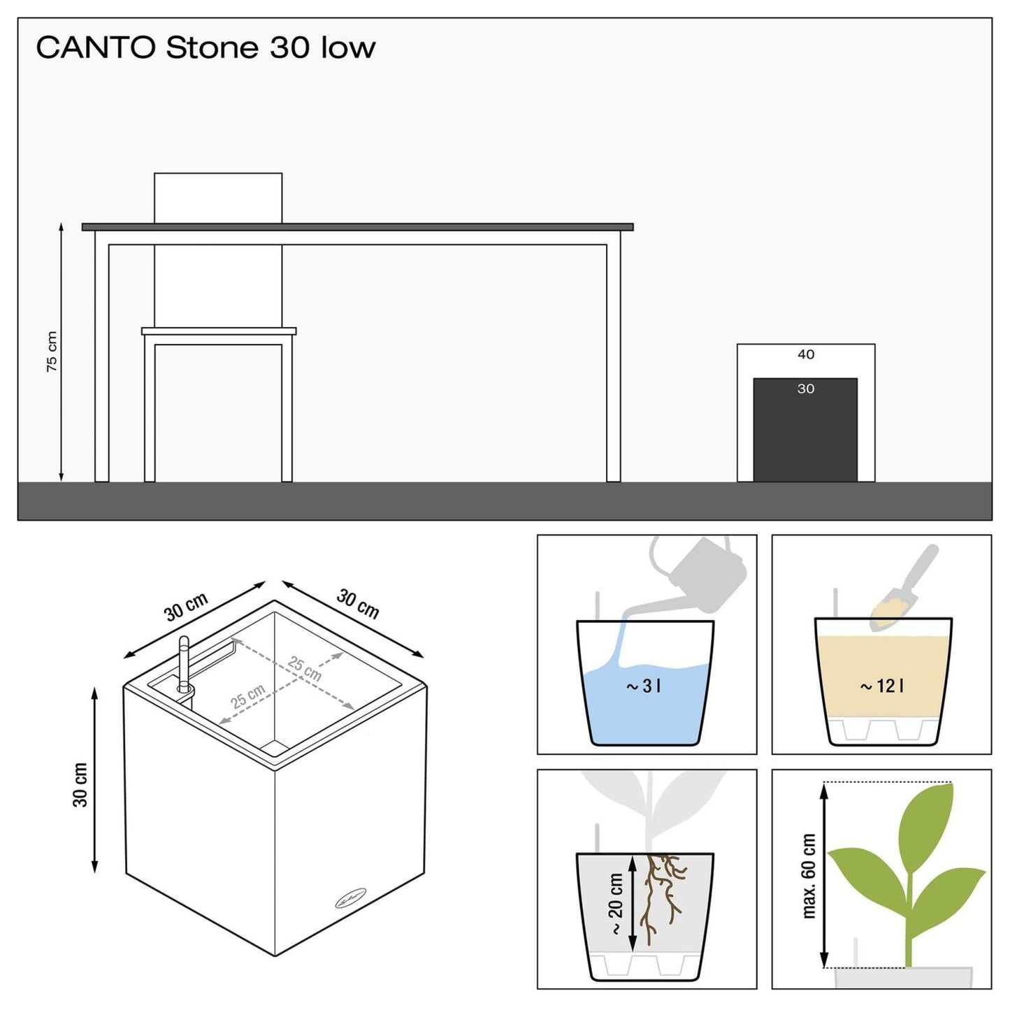 LECHUZA CANTO Stone 30 Low Graphite Black Poly Resin Floor Self-watering Planter with Substrate and Water Level Indicator H30 L30 W30 cm, 12L - citiplants.com