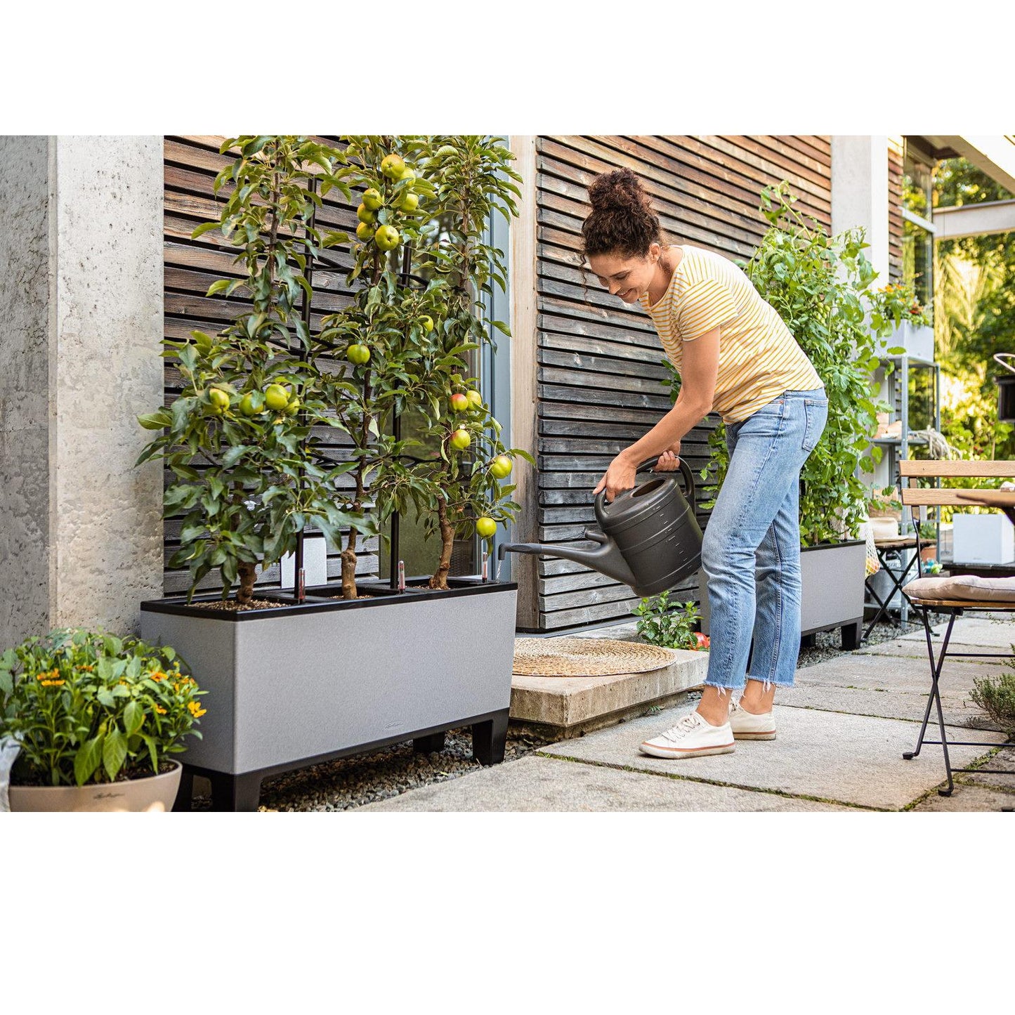 LECHUZA CANTO Stone 80 Wide Graphite Black Poly Resin Floor Self-watering Planter with Substrate and Water Level Indicator H80 L80 W40 cm, 49.5L - citiplants.com