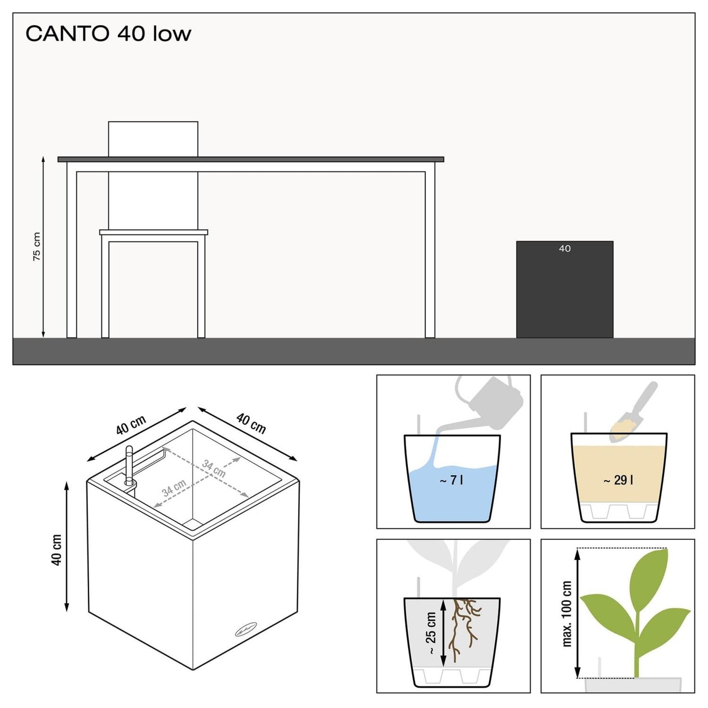 LECHUZA CANTO 40 Low Charcoal Metallic Poly Resin Floor Self-watering Planter with Substrate and Water Level Indicator H40 L40 W40 cm, 64L - citiplants.com